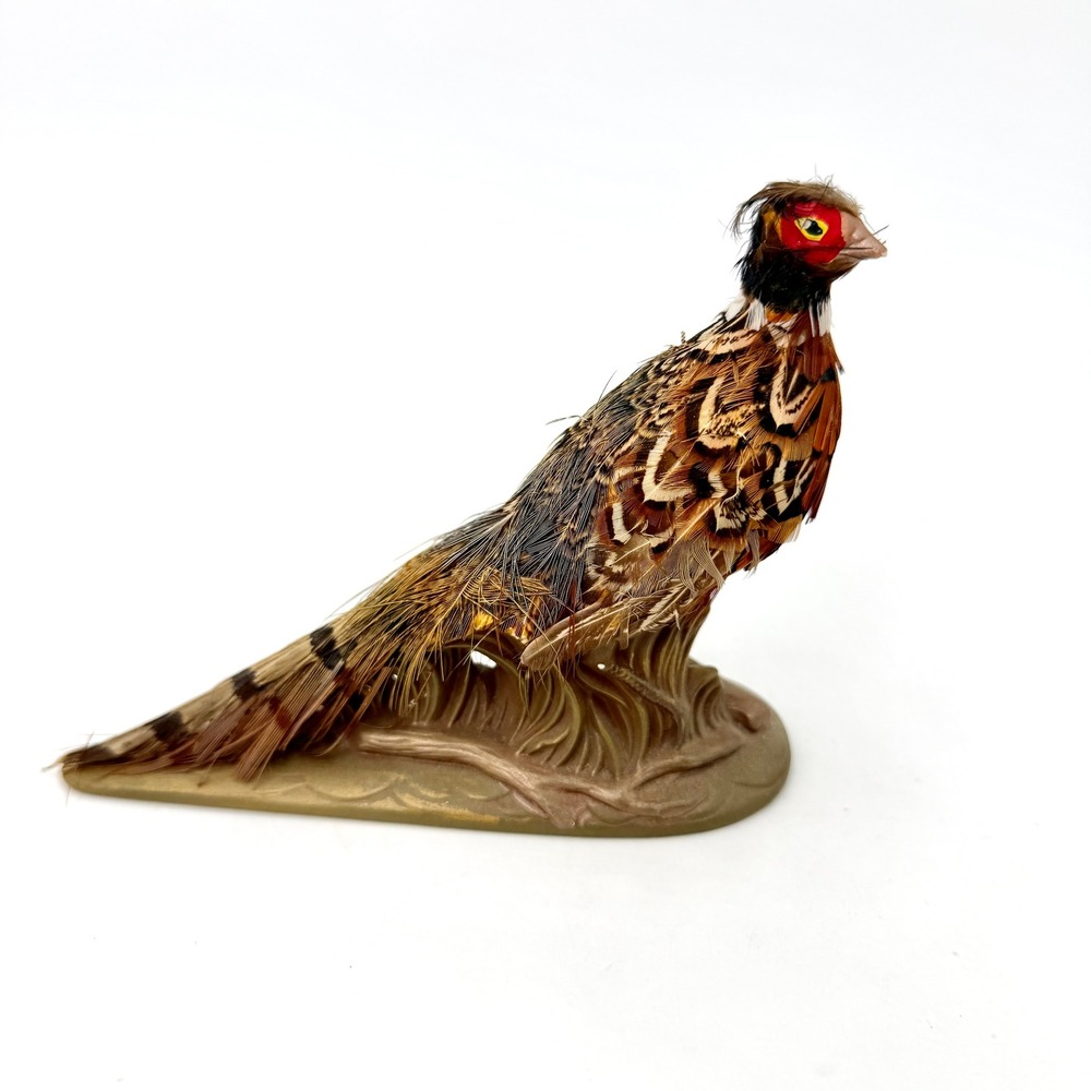 Vintage Holland Mold Ceramic Pheasant Figurine with Real Feathers
